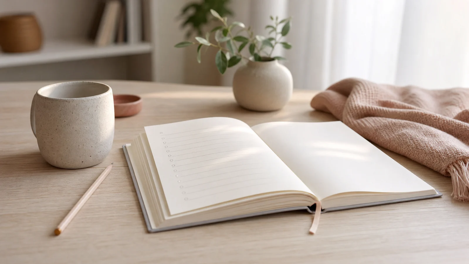Agenda abierta sobre una mesa de madera con una taza, una planta y luz natural