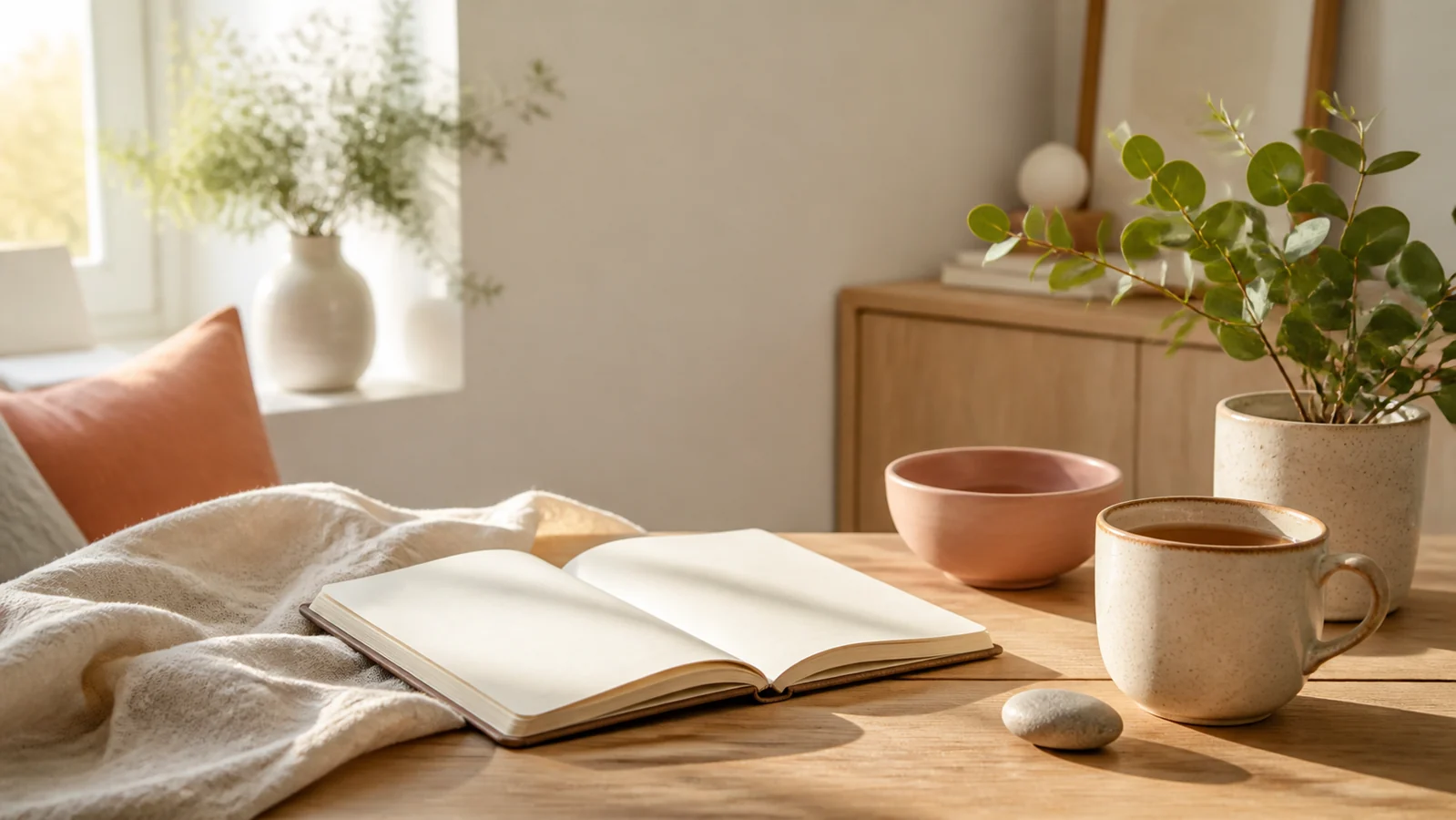 Cuaderno abierto en una mesa con una taza, una planta y luz cálida